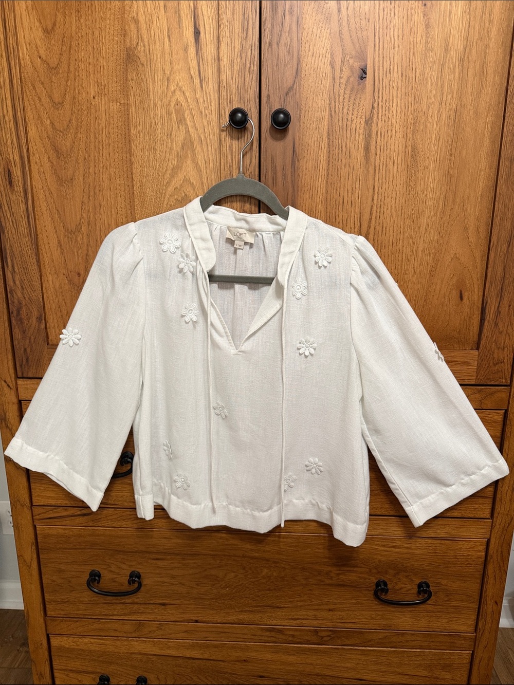 LOFT White Daisy Tie-Neck Blouse